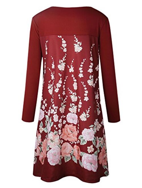 Alelly Women's Floral Print Crew Neck T-Shirt Dresses with Pockets