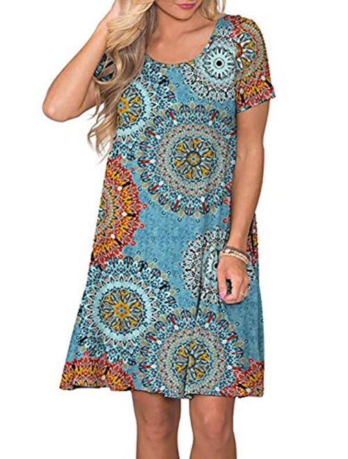 Alelly Women's Floral Print Crew Neck T-Shirt Dresses with Pockets