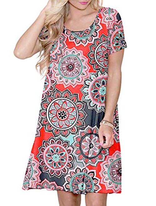 Alelly Women's Floral Print Crew Neck T-Shirt Dresses with Pockets