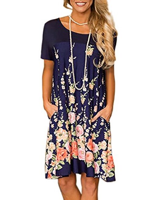 Alelly Women's Floral Print Crew Neck T-Shirt Dresses with Pockets