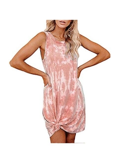 oten Womens Casual Tie Dye Short Dress Crew Neck Sleeveless Loose T Shirt Mini Dress