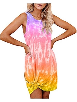 oten Womens Casual Tie Dye Short Dress Crew Neck Sleeveless Loose T Shirt Mini Dress