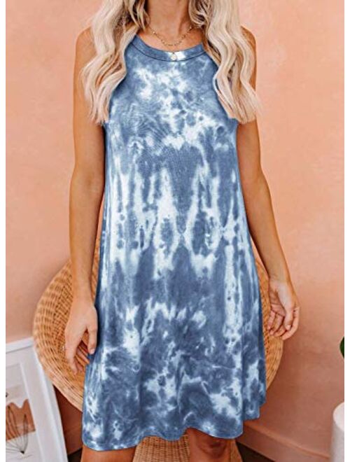 oten Womens Casual Tie Dye Short Dress Crew Neck Sleeveless Loose T Shirt Mini Dress