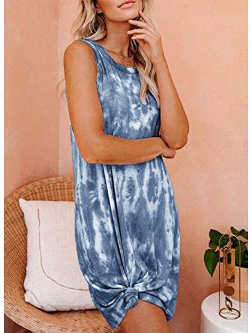 oten Womens Casual Tie Dye Short Dress Crew Neck Sleeveless Loose T Shirt Mini Dress