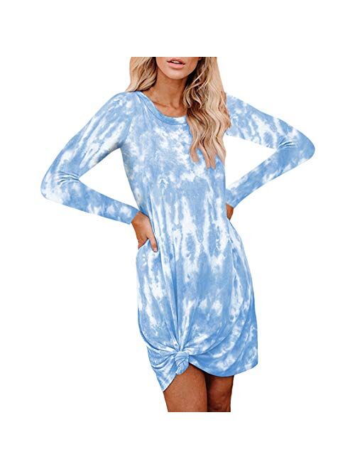 oten Womens Casual Tie Dye Short Dress Crew Neck Sleeveless Loose T Shirt Mini Dress