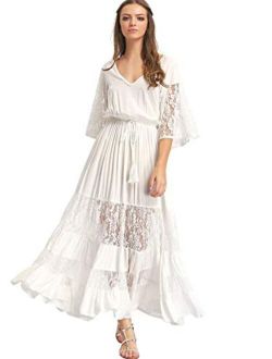 Women's Bohemian Drawstring Waist Lace Splicing White Long Maxi Dress