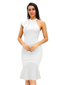 Women's Fashion Ruffle One Shoulder Sleeveless Midi Bodycon Cocktail Party Dress