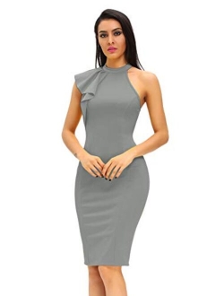 Women's Fashion Ruffle One Shoulder Sleeveless Midi Bodycon Cocktail Party Dress