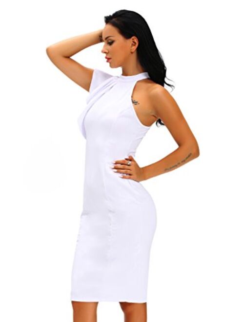 Women's Fashion Ruffle One Shoulder Sleeveless Midi Bodycon Cocktail Party Dress