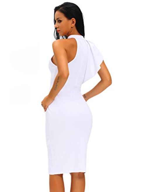 Women's Fashion Ruffle One Shoulder Sleeveless Midi Bodycon Cocktail Party Dress