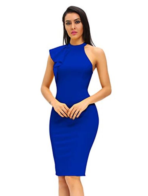 Women's Fashion Ruffle One Shoulder Sleeveless Midi Bodycon Cocktail Party Dress