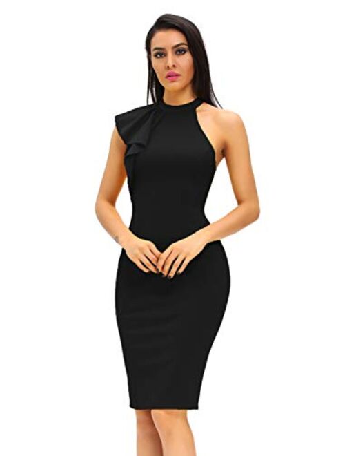 Women's Fashion Ruffle One Shoulder Sleeveless Midi Bodycon Cocktail Party Dress