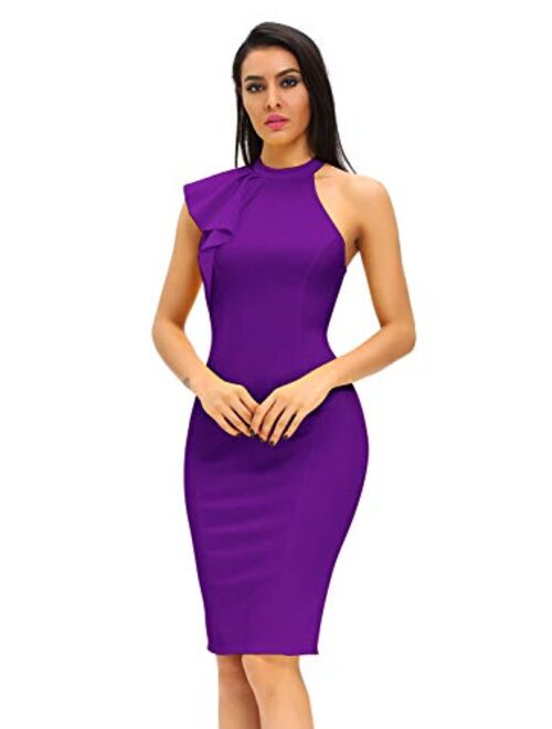 Women's Fashion Ruffle One Shoulder Sleeveless Midi Bodycon Cocktail Party Dress