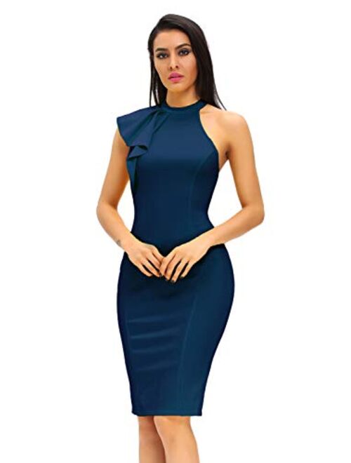 Women's Fashion Ruffle One Shoulder Sleeveless Midi Bodycon Cocktail Party Dress