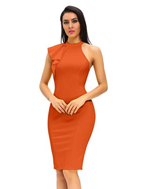 Women's Fashion Ruffle One Shoulder Sleeveless Midi Bodycon Cocktail Party Dress