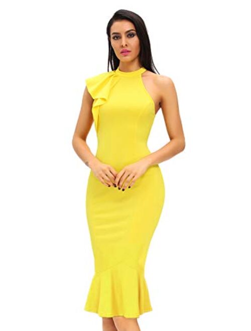 Women's Fashion Ruffle One Shoulder Sleeveless Midi Bodycon Cocktail Party Dress