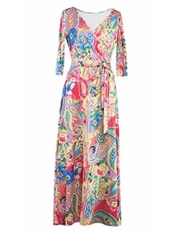 Afibi Womens Bohemian 3/4 Sleeve Faux Wrap Maxi Dress with Belt