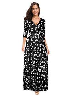 Afibi Womens Bohemian 3/4 Sleeve Faux Wrap Maxi Dress with Belt