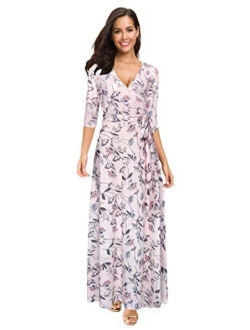 Afibi Womens Bohemian 3/4 Sleeve Faux Wrap Maxi Dress with Belt