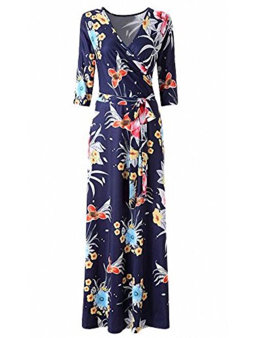 Afibi Womens Bohemian 3/4 Sleeve Faux Wrap Maxi Dress with Belt