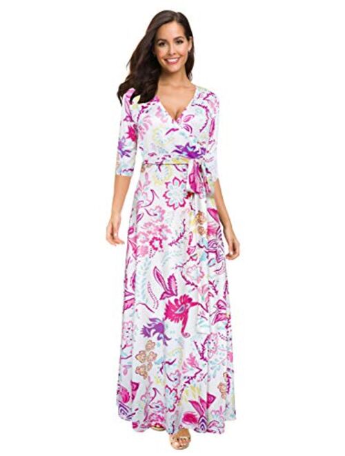 Afibi Womens Bohemian 3/4 Sleeve Faux Wrap Maxi Dress with Belt