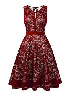 Women Vintage Floral Lace Bridesmaid Dress 3/4 Sleeve/Sleeveless Cocktail Party Swing Dresses