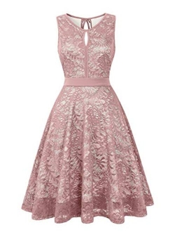 Women Vintage Floral Lace Bridesmaid Dress 3/4 Sleeve/Sleeveless Cocktail Party Swing Dresses