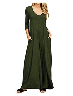 Kidsform Women's Maxi Dress Long Sleeve Loose Plain Kaftan Party Casual Long Dresses with Pockets