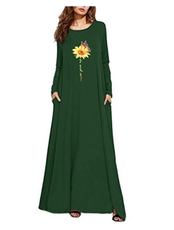 Kidsform Women's Maxi Dress Long Sleeve Loose Plain Kaftan Party Casual Long Dresses with Pockets