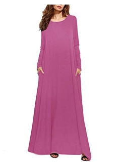 Kidsform Women's Maxi Dress Long Sleeve Loose Plain Kaftan Party Casual Long Dresses with Pockets