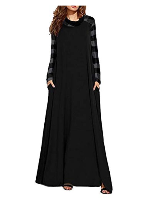 Kidsform Women's Maxi Dress Long Sleeve Loose Plain Kaftan Party Casual Long Dresses with Pockets