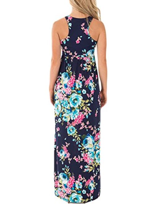 Lovezesent Women's Floral Print Round Neck Sleeveless Long Maxi Casual Dress