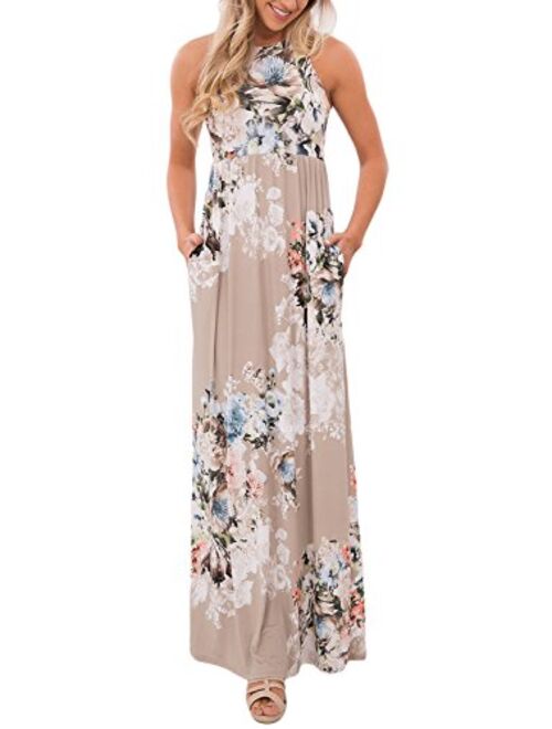 Lovezesent Women's Floral Print Round Neck Sleeveless Long Maxi Casual Dress