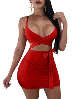 GOBLES Women's Sexy Bodycon Spaghetti Strap Ruched Lace Up Mini Club Dress