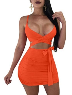 GOBLES Women's Sexy Bodycon Spaghetti Strap Ruched Lace Up Mini Club Dress