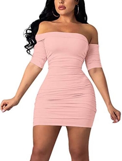 GOBLES Women's Summer Short Sleeve Sexy Bodycon Ruched Mini Party Dress