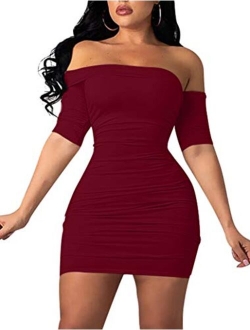 GOBLES Women's Summer Short Sleeve Sexy Bodycon Ruched Mini Party Dress