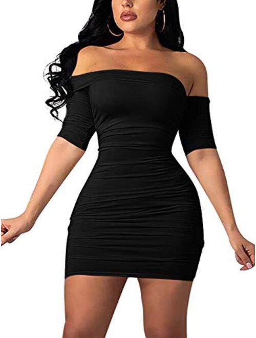 GOBLES Women's Summer Short Sleeve Sexy Bodycon Ruched Mini Party Dress