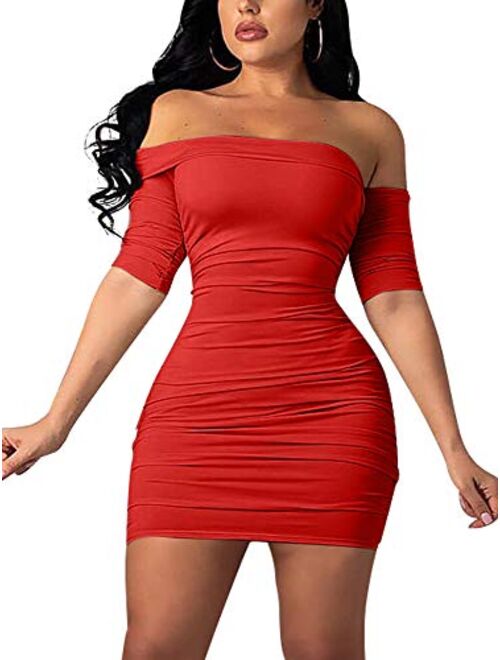 GOBLES Women's Summer Short Sleeve Sexy Bodycon Ruched Mini Party Dress