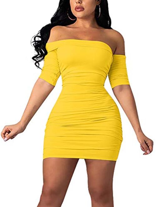 GOBLES Women's Summer Short Sleeve Sexy Bodycon Ruched Mini Party Dress