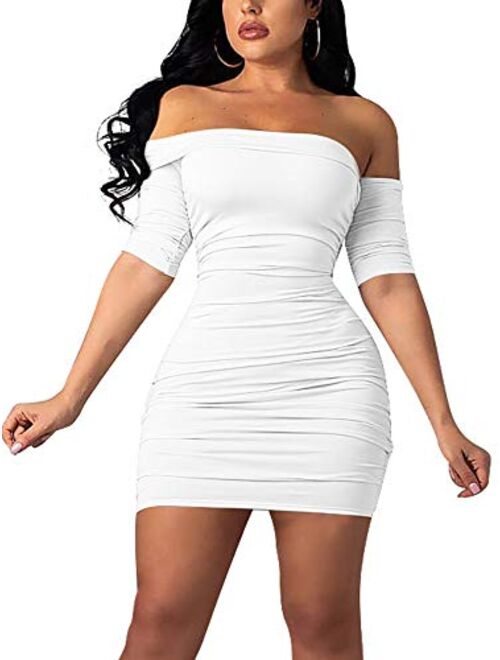 GOBLES Women's Summer Short Sleeve Sexy Bodycon Ruched Mini Party Dress