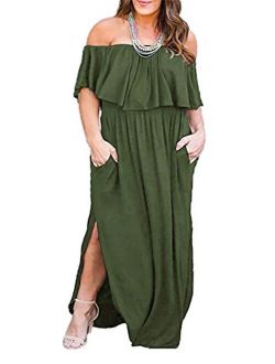 Nemidor Women's Upper Flounce Layer Off Shoulder Plus Size Slit Maxi Dress