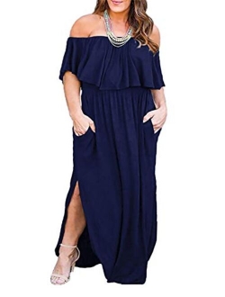 Nemidor Women's Upper Flounce Layer Off Shoulder Plus Size Slit Maxi Dress