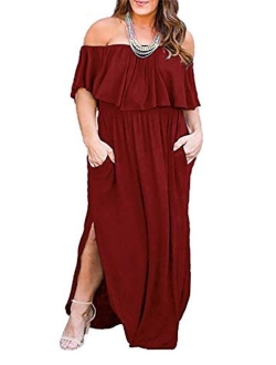 Nemidor Women's Upper Flounce Layer Off Shoulder Plus Size Slit Maxi Dress