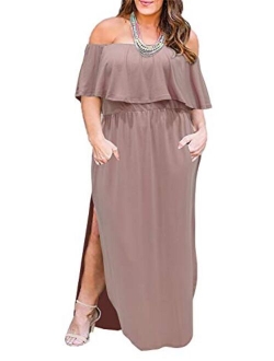 Nemidor Women's Upper Flounce Layer Off Shoulder Plus Size Slit Maxi Dress