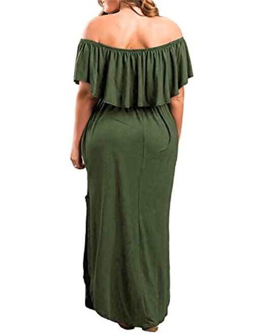 Nemidor Women's Upper Flounce Layer Off Shoulder Plus Size Slit Maxi Dress