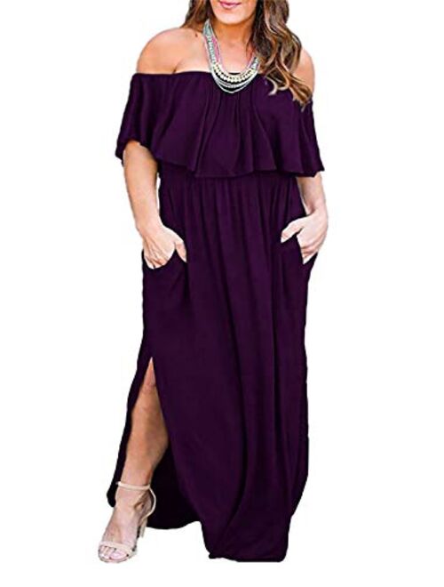 Nemidor Women's Upper Flounce Layer Off Shoulder Plus Size Slit Maxi Dress