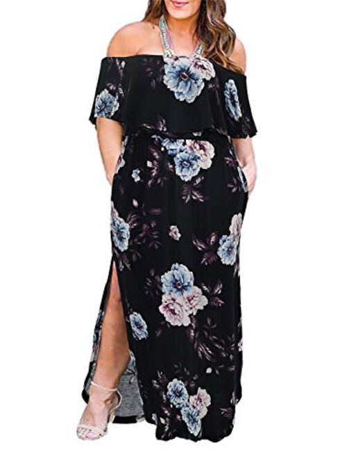 Nemidor Women's Upper Flounce Layer Off Shoulder Plus Size Slit Maxi Dress