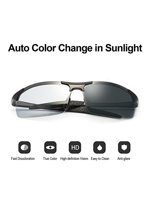 TJUTR Men's Photochromic Sunglasses with Polarized Lens for Outdoor 100% UV Protection, Anti Glare, Reduce Eye Fatigue