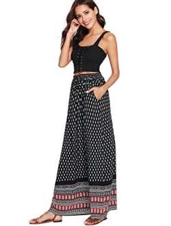 Women's Boho Vintage Print Pockets Side A Line Maxi Skirt